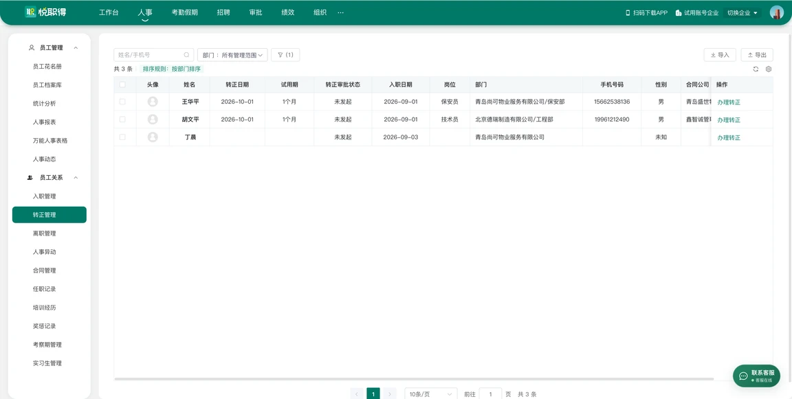 转正管理列表,展示试用期、转正日期与审批状态